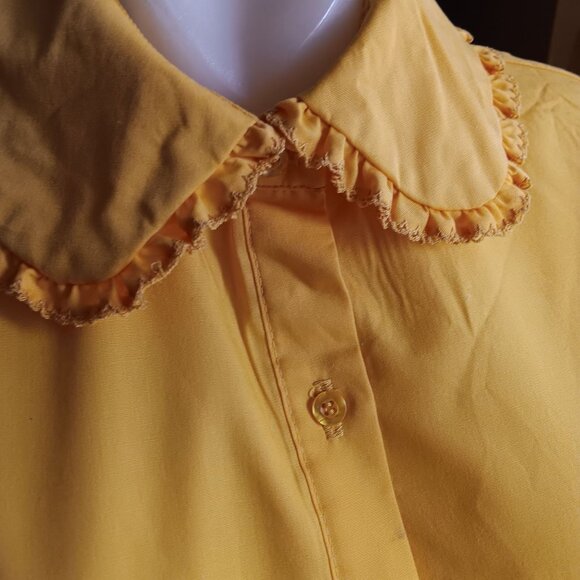 Medium Vintage 1960's Yellow Button-Up Blouse Ruffled Collar & Cuffs Mod Girl - Picture 4 of 8